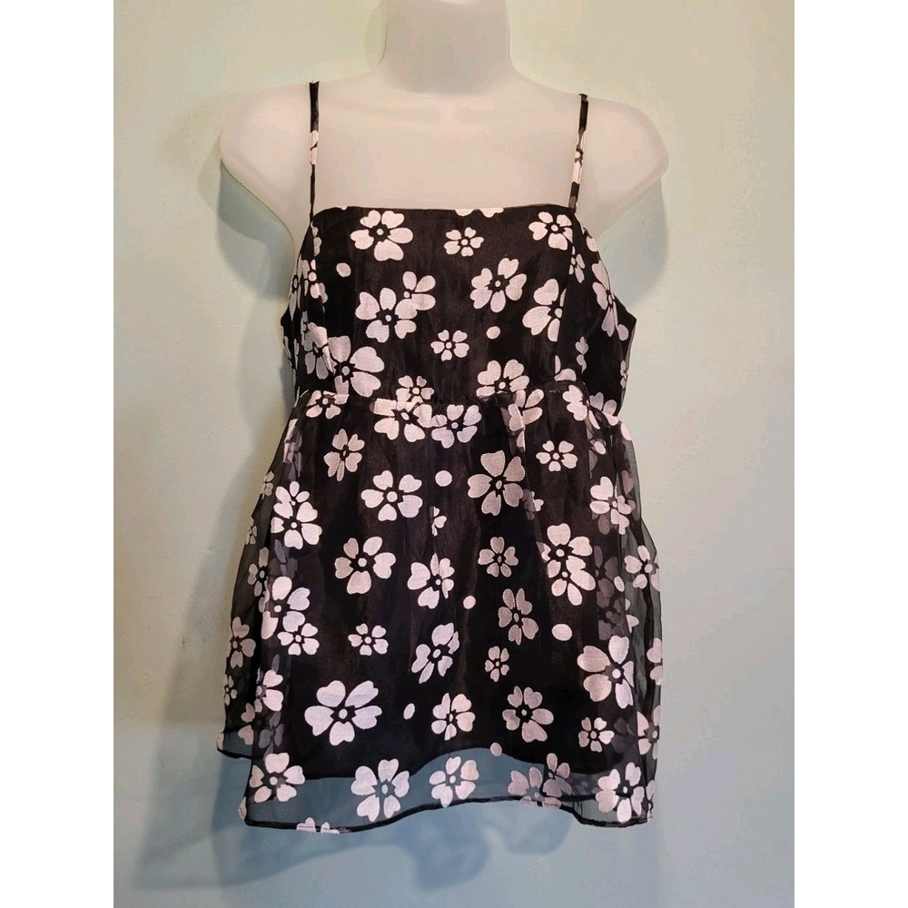 Storia Black White Floral Babydoll Peplum Fairy Whimsigoth Cami Top Sz M
